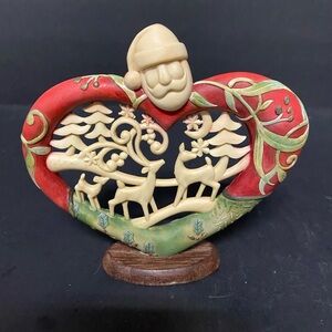 Enesco Red and Cream Heart Ornament with Santa and Reindeer.